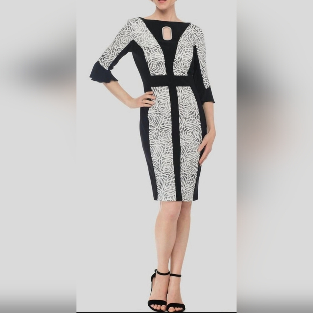 Joseph Ribkoff Cocktail Formal Midi Dress 3/4 Flutter Sleeves Cut Out, V Back